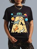 100% Cotton Alien Abduction Cats UFO Flying Saucer Space Women Girls T-Shirt