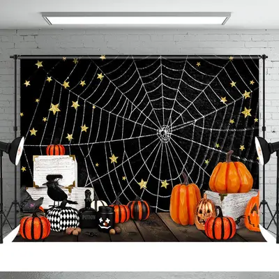 Spider Net Black Night With Star Halloween Backdrop - Aperturee