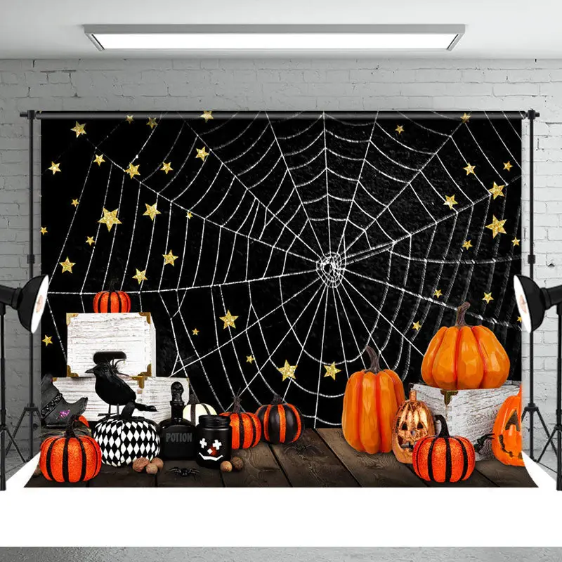 Spider Net Black Night With Star Halloween Backdrop - Aperturee