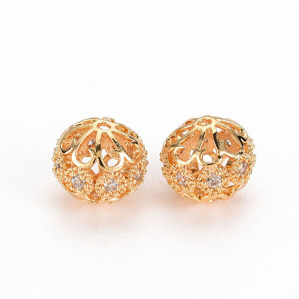 Hollow Brass Micro Pave Clear Cubic Zirconia Beads