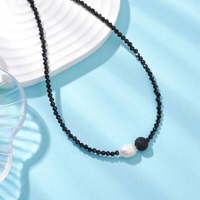 Faceted Round Natural Black Spinel & Lava Rock Beaded Necklaces