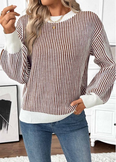 Modlily Dark Coffee Tummy Coverage Long Sleeve Round Neck Sweater - M