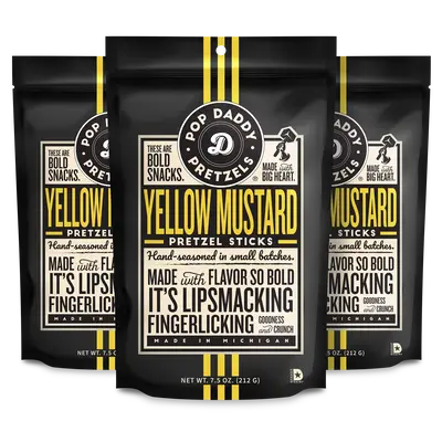 Pop Daddy Flavored Pretzels Sticks | Healthy Gourmet Pretzels Snacks | 7.5oz Individual Bags | 3 Pack | Yellow Mustard | Kosh...