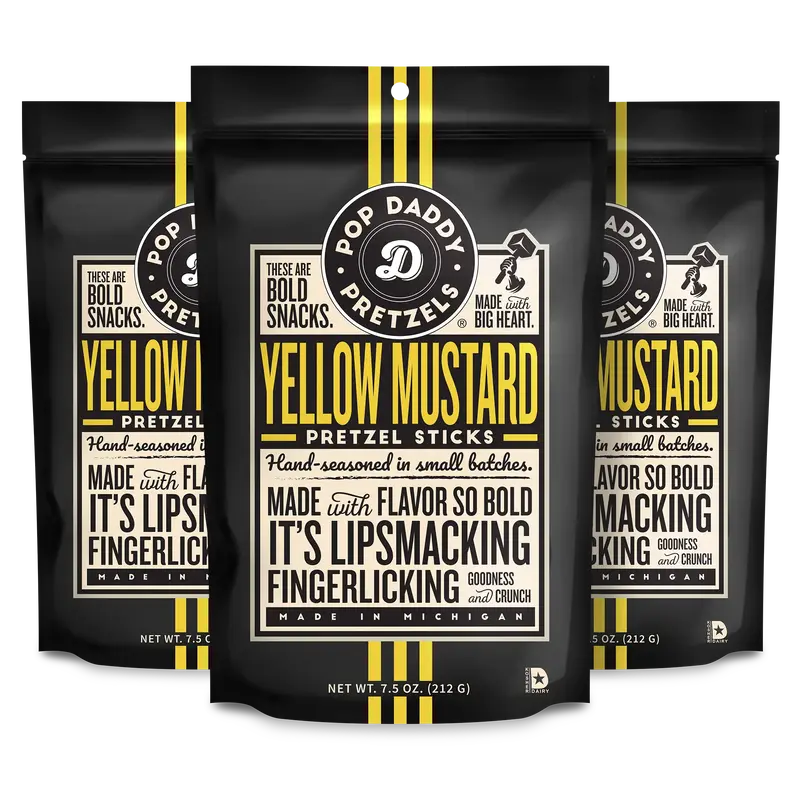 Pop Daddy Flavored Pretzels Sticks | Healthy Gourmet Pretzels Snacks | 7.5oz Individual Bags | 3 Pack | Yellow Mustard | Kosh...