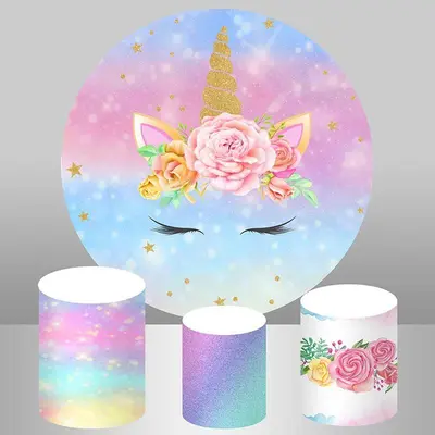 Aperturee Gold Star Glitter Pink Unicorn Round Birthday Backdrop | Custom Circle Backdrop Birthday | Birthday Backdrop Ideas ...