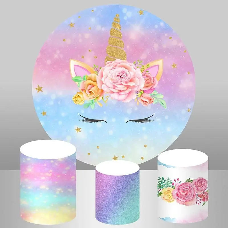 Aperturee Gold Star Glitter Pink Unicorn Round Birthday Backdrop | Custom Circle Backdrop Birthday | Birthday Backdrop Ideas ...