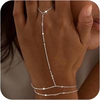 Dainty Ring Bracelet Hand Chain for Women - 14K Gold Plated/Sterling Silver Layered Adjustable Satellite Bead Paperclip Dot C...