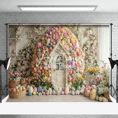 Aperturee Rustic Wood Floral Egg Shape House Easter Backdrop, 3X2FT(1MX0.6M), 14 USD, easter backdrops, ENHD3J68-M
