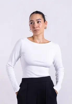 Ribbed Boat Neck Long Sleeve T-Shirt, White | Size: XXXL