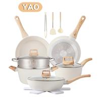 YAO 16pcs Granite Pots and Pans Set Non Stick Kitchen Cookware Sets (with 4 free pads) White Granite Nonstick Cooking Set wit...