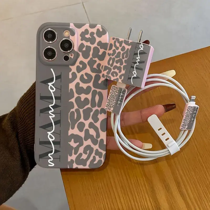 Eye-Catching Protection Phone Case Set with Leopard Print Design, Includes Charger Headset Cover, Cable Protectors and Storag...