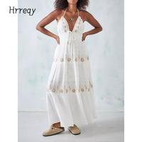 Women Summer Casual Long Dress Flower Embroidery Tie-Up Halter Neck Sleeveless Dress Fashion Backless A-line Dress