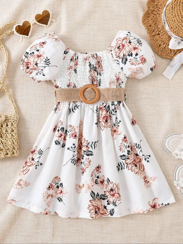 Toddler Girl's Floral Print Belted Dress, Casual A Line Dress for Summer, Kids Clothes for Daily Wear, Summer Dresses, Floral...