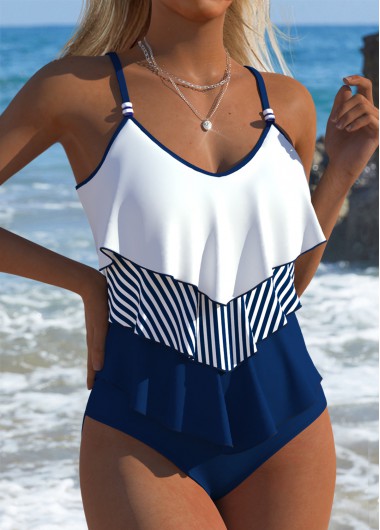 Modlily Mid Waisted Striped Navy Tankini Set - L