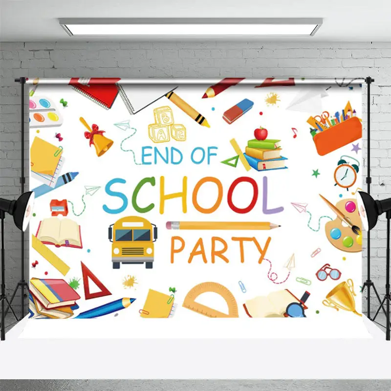 Study Stuff Bus Book End Of School Party Backdrop - Aperturee