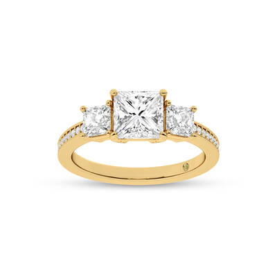 Pisa Pavé Set Princess Cut Three Stone Lab Diamond Engagement Ring | 18K Yellow Gold 3 5/8 CT. TW.