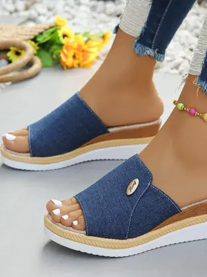 Women's Denim Slip on Wedge Sandals, Casual Comfortable Wedge Sandals for Summer, Lightweight Breathable Shoes for Daily Wear...