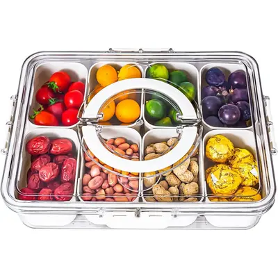 Divided Serving Tray with Lid and Handle - Snackle Box Charcuterie Container for Portable Snack Platters - Clear Organizer fo...
