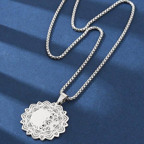 Mandala Flower 304 Stainless Steel Box Chain Pendant Necklaces