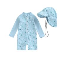 Toddler Baby Boy Swimwear Whale Print Bathing Suit Infant Long Sleeve Rash Guard Swimsuit and Sun Hat Beachwear