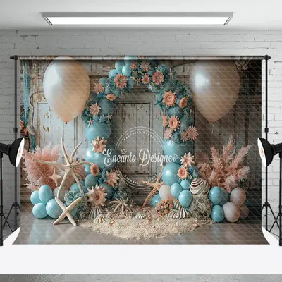 Retro Wall Blue Balloons Coastal Cake Smash Backdrop