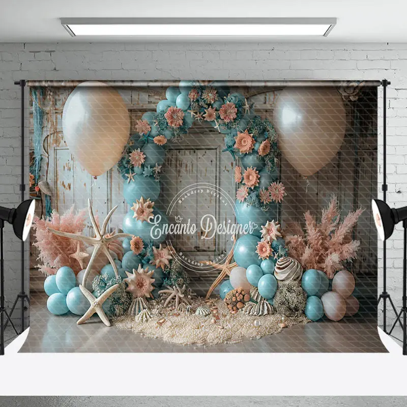 Retro Wall Blue Balloons Coastal Cake Smash Backdrop