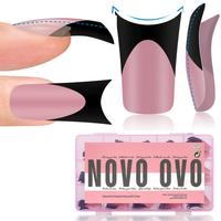 NOVO OVO Black French Tip Duck Feet Nail Tips Full Cover for Press on Acrylic with Moon Curve, Thick Medim Long Pre-Etched Ma...