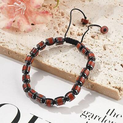 Adjustable Natural Red Jasper and Non-magnetic Synthetic Hematite Braided Bead Bracelets