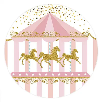 Aperturee Circle Gold Glitter Carousel Pink Birthday Backdrop | Custom Circle Backdrop Birthday | Circle Party Backdrop | Rou...