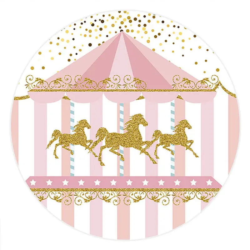 Aperturee Circle Gold Glitter Carousel Pink Birthday Backdrop | Custom Circle Backdrop Birthday | Circle Party Backdrop | Rou...