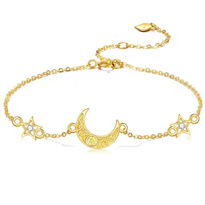14K Gold Cubic Zirconia Moon & Star Charm Bracelet