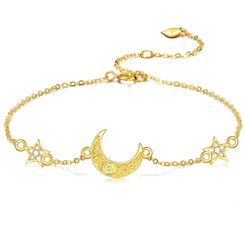 14K Gold Cubic Zirconia Moon & Star Charm Bracelet