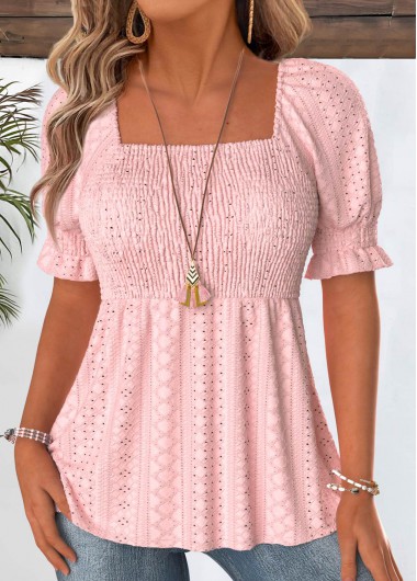 Modlily Light Pink Short Sleeve Square Neck Blouse - XXL