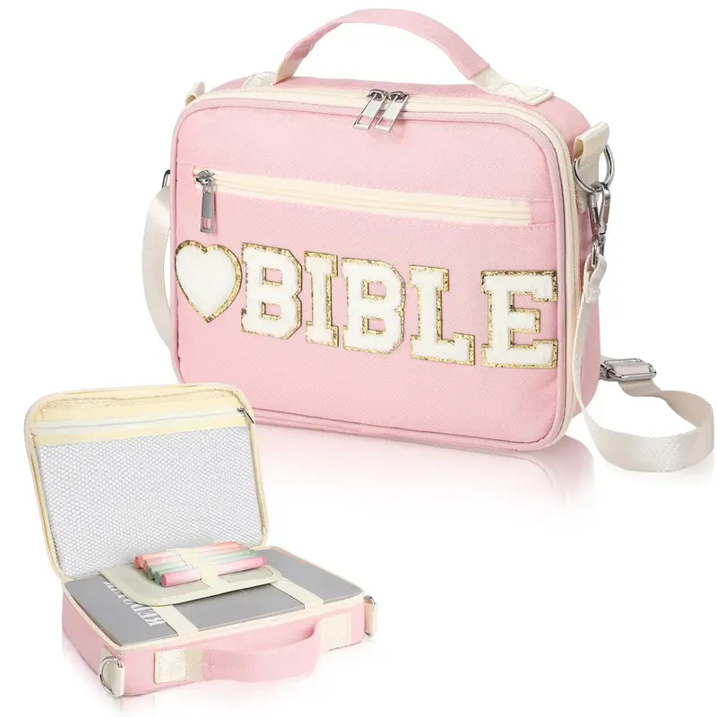 Bible Case for Christian Girl Bible bag with Shoulder Strap Bible Chenille Letter Bible Cover Case Durable Canvas material Ca...