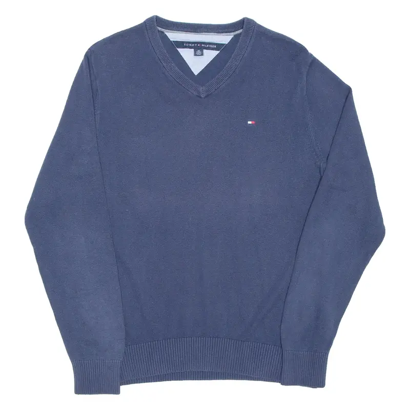 TOMMY HILFIGER Mens Jumper Blue V-Neck Tight Knit XS