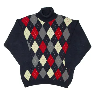 Mens Patterned Jumper Blue Argyle Roll Neck Tight Knit M