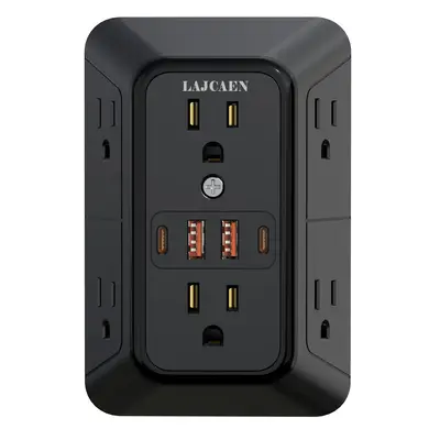 USB Wall Charger, 6 Outlet Extender with 4 USB Charging Ports 3-Sided Power Strip Multi Plug Outlets Wall Adapter Spaced for ...