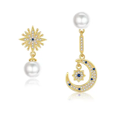 Sterling Silver With Yellow Gold Plated Circular Cubic Zirconia & Pearl Moon With Star Drop Earrings