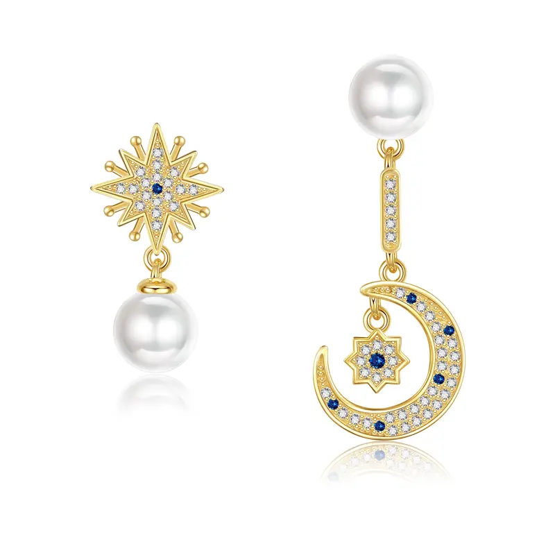 Sterling Silver With Yellow Gold Plated Circular Cubic Zirconia & Pearl Moon With Star Drop Earrings