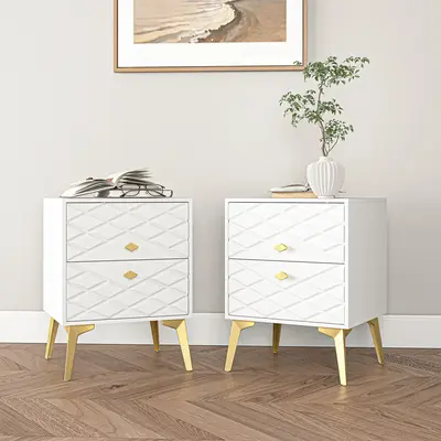 Set of 2 Bedroom 2 Drawer White Nightstand with Golden Metal Legs for Bedroom Mid Century Modern End Table, Wood Finish Accen...