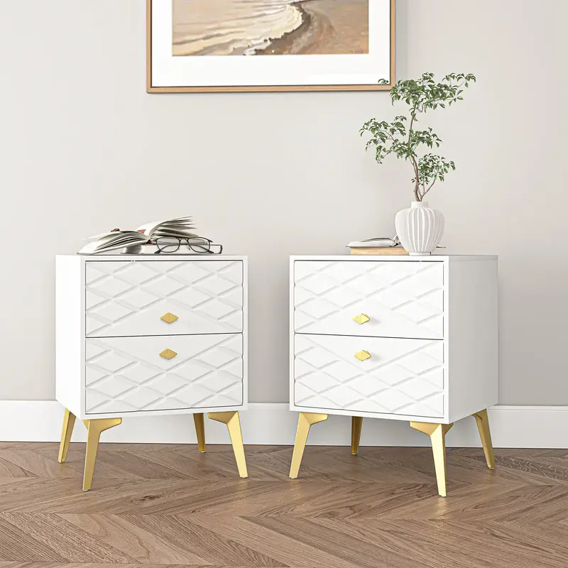 Set of 2 Bedroom 2 Drawer White Nightstand with Golden Metal Legs for Bedroom Mid Century Modern End Table, Wood Finish Accen...