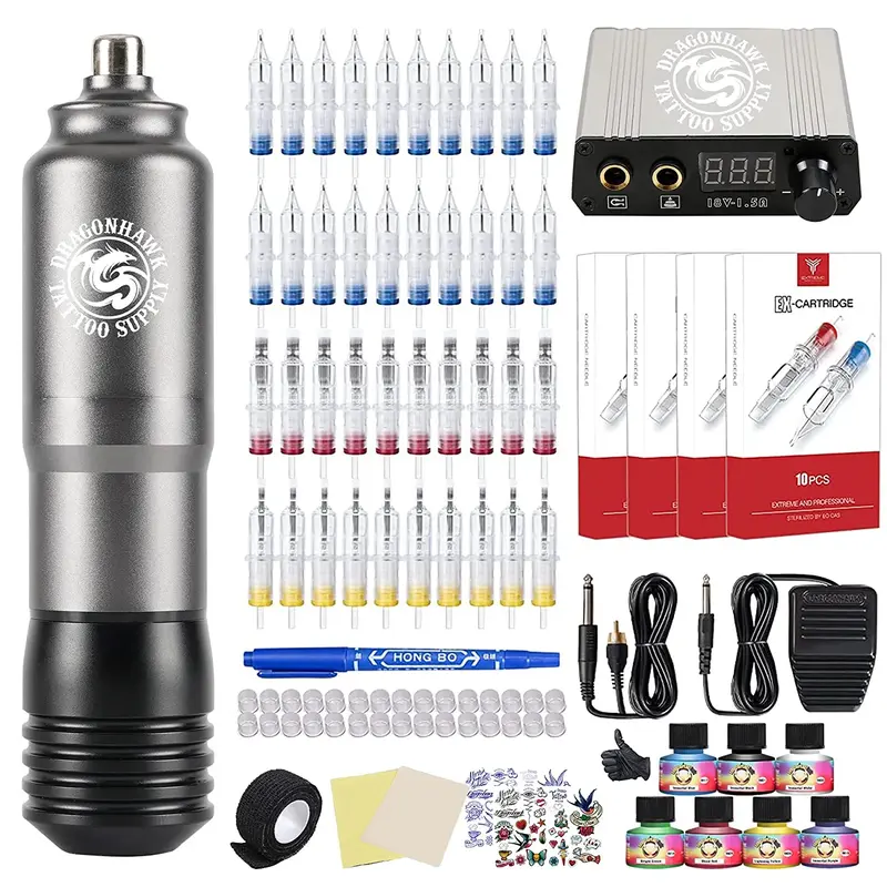 Dragonhawk Complete Tattoo Pen Machine Kit M3 Gun 40Pcs Cartridges Needles Power Supply Set 340-5P