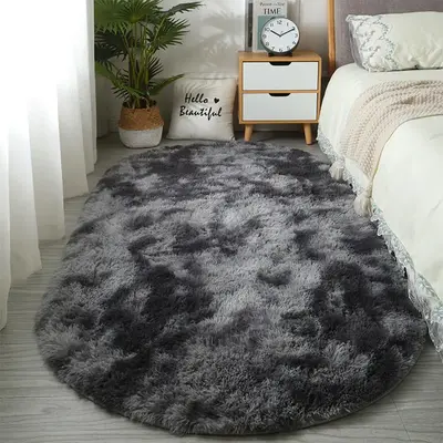 Long Plush Oval Tie Dyed Light Gray Carpet, Bedroom Bedside Carpet, Living Room Sofa Decorative Carpet