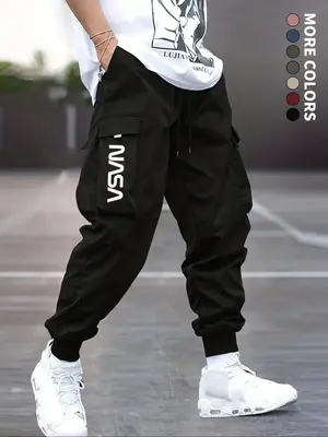 Men's Letter Print Flap Pocket Cuffed Cargo Pants, Regular Fit Casual Street Fashion Drawstring Waist Trousers for Outdoor We...