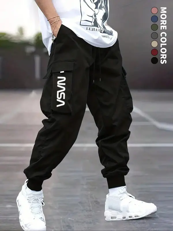 Men's Letter Print Flap Pocket Cuffed Cargo Pants, Regular Fit Casual Street Fashion Drawstring Waist Trousers for Outdoor We...