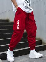 Men's Letter Print Flap Pocket Cuffed Cargo Pants, Regular Fit Casual Street Fashion Drawstring Waist Trousers for Outdoor We...