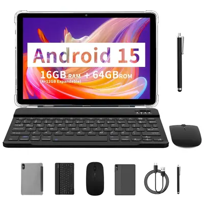 10.1 Inch Android Tablet with Bluetooth-compatible Keyboard Mouse Combo, Quad Core Processor, 16GB Storage, 64GB RAM, 1280x80...