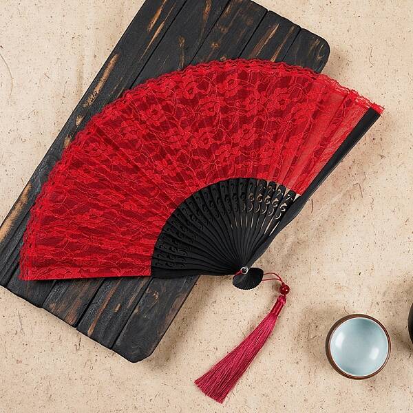 Chinese Style Lace Folding Fan with Tassel