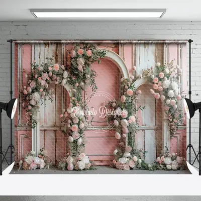 Floral Retro Pink White Wall Wedding Photo Backdrop