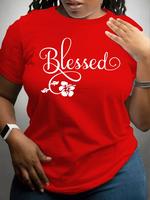 【Plus Size】 Letter & Flower Print Round Neck Tee, Casual Short Sleeve Crew Neck T-shirt for Daily Wear, Women Plus Cloth...